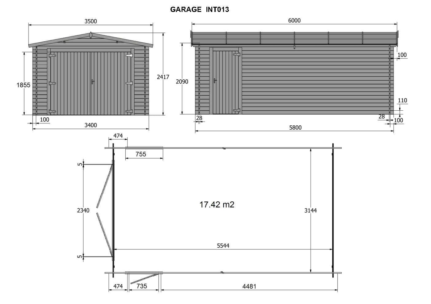 Garage en Bois, EP 28mm, Surface utile 17.42m², INT013