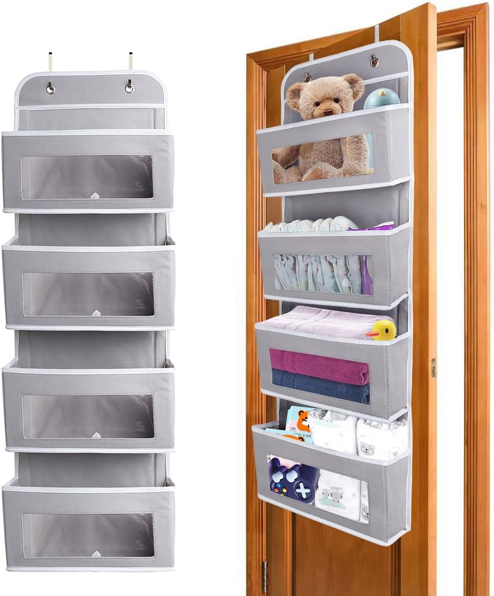 ManGotree Over Door Storage Organizer,4 Pockets Fabric, Hanging Wardrobe Storage, Behind The Door Hanging Organiser with PVC Windows for Toys, Magazine, Purses, Keys, Sunglasses, Hat(Grey)