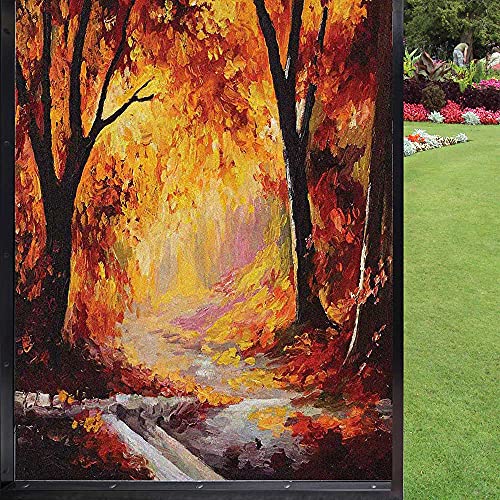 Country Window Film Privacy,Paint Of A Forest With Autumn Color Leaves Fall Time Sadness Season Theme Art Light Blocking For Bathroom Kitchen Room Office,Orange Brown 2436 Inch #TOP12