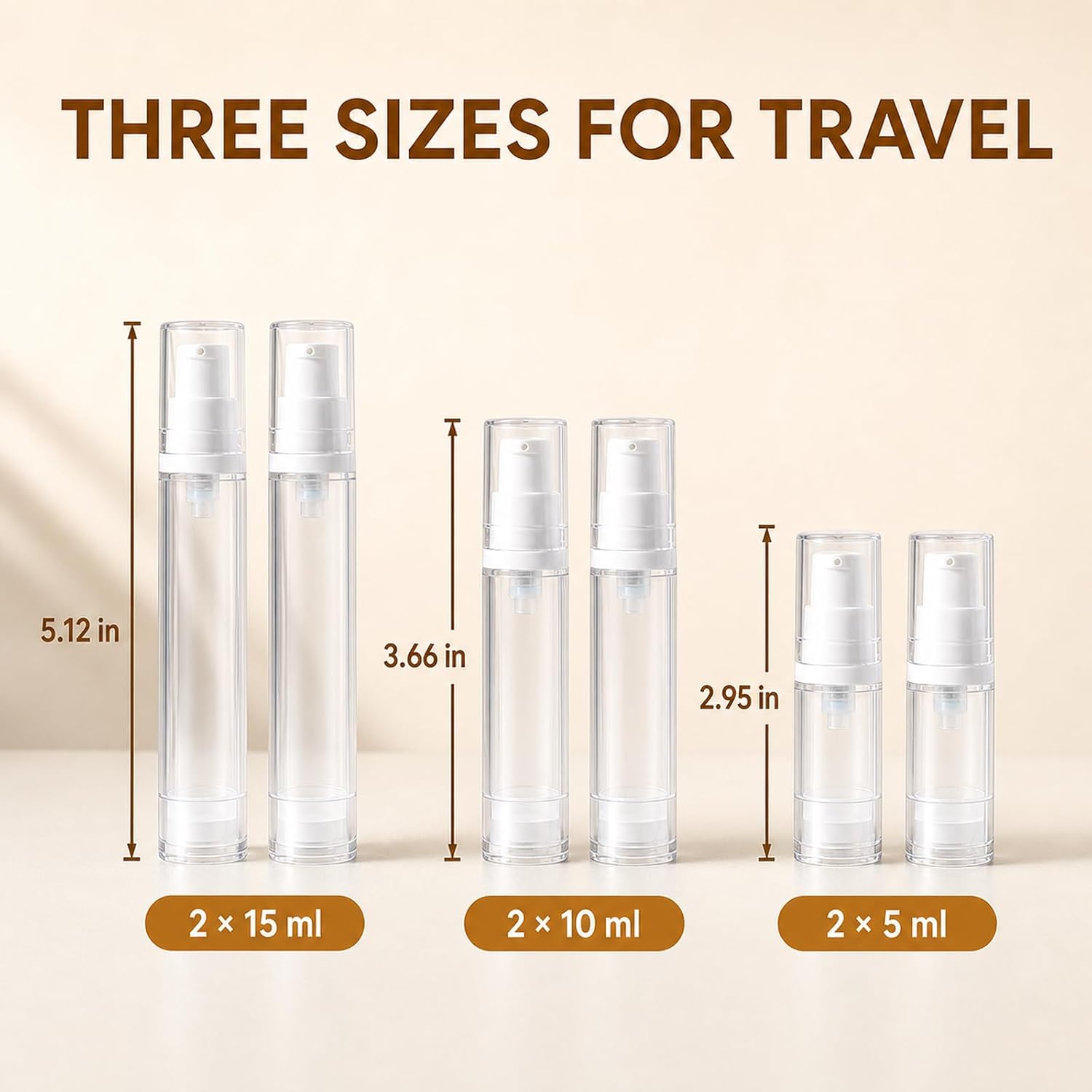 6pcs Airless Travel Pump Bottle, Vacuum Refillable Pump, 5/10/15ml Plastic Press Lotion Container for DIY Cosmetic, Toiletries, Clear
