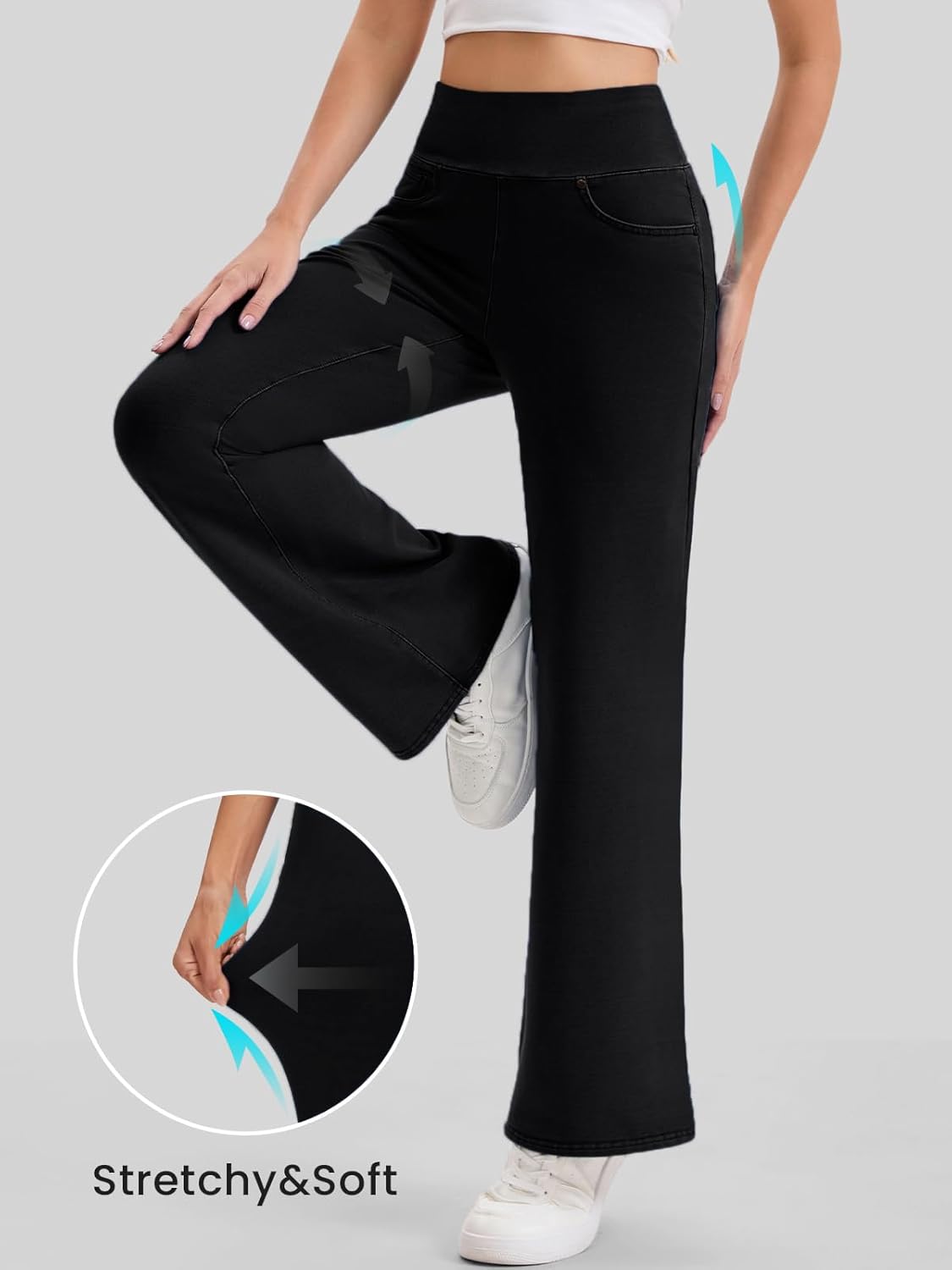 Women’s High Waisted Jeans Pants Stretchy Pull On Bootcut Pants with Pockets Soft Wide Leg Casual Everyday Trousers - Image 4