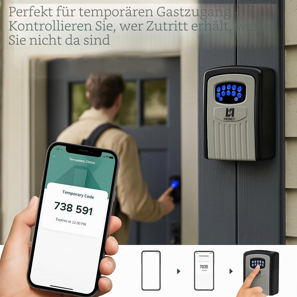 RESET-104 Bluetooth Schlüsseltresor – wetterfest, Metall | Beleuchtete Tastatur, 6-stelliger Code voreingestellt, Änderbar auf 8-10 Stellen, Stabiler Schlüsselsafe, Außen-Schlüsselbox