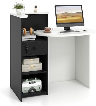 Reception Desk, Front Desk Reception Counter with Oval Desktop, Open Shelf & Lockable Drawer, Small Retail Checkout Counter Table, Wood Computer Workstation for Home, Office, Lobby & Salon