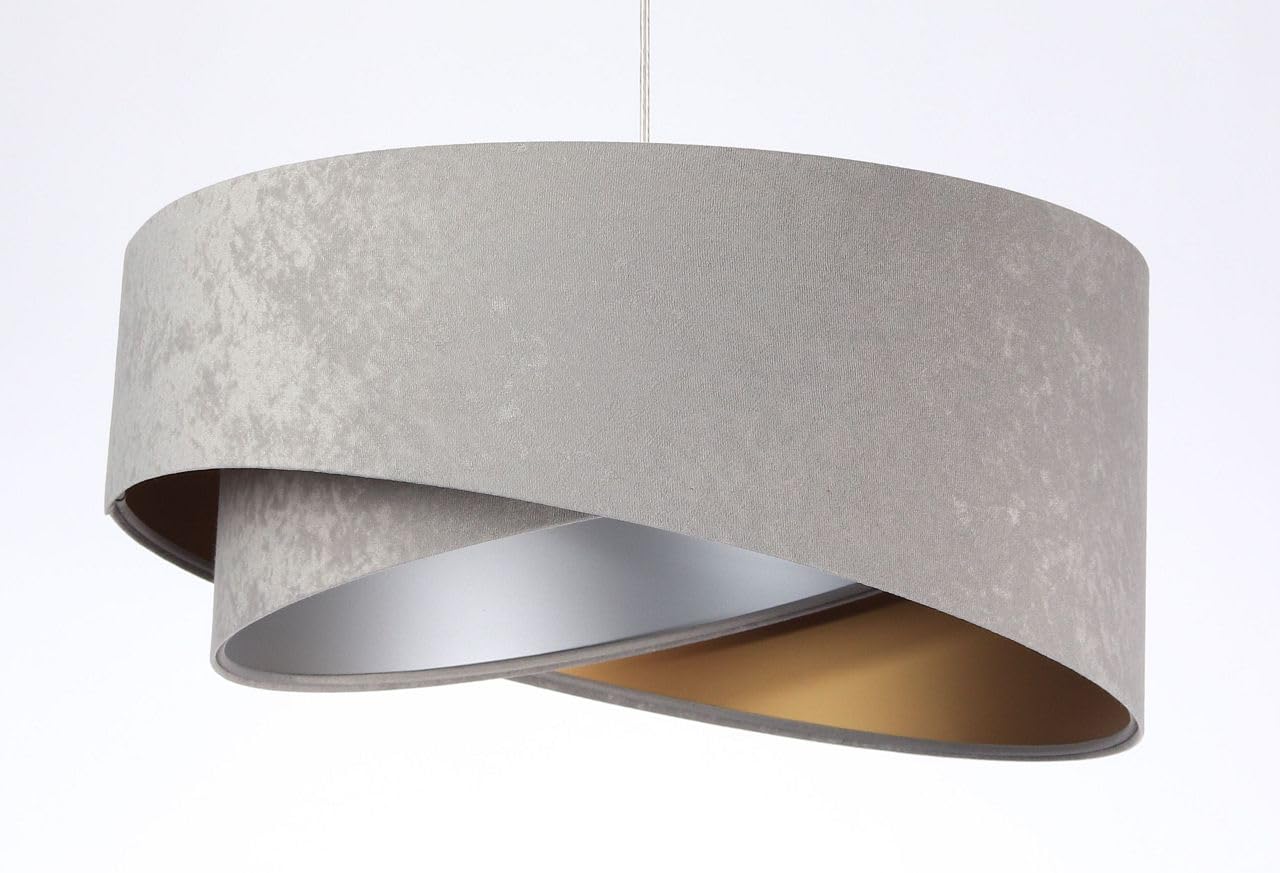 Licht-Erlebnisse Hängeleuchte E27 rund Ø 50 cm in Grau Gold Silber Stoff Velours Optik Doppelschirm Modern Hängelampe Wohnzimmer Schlafzimmer