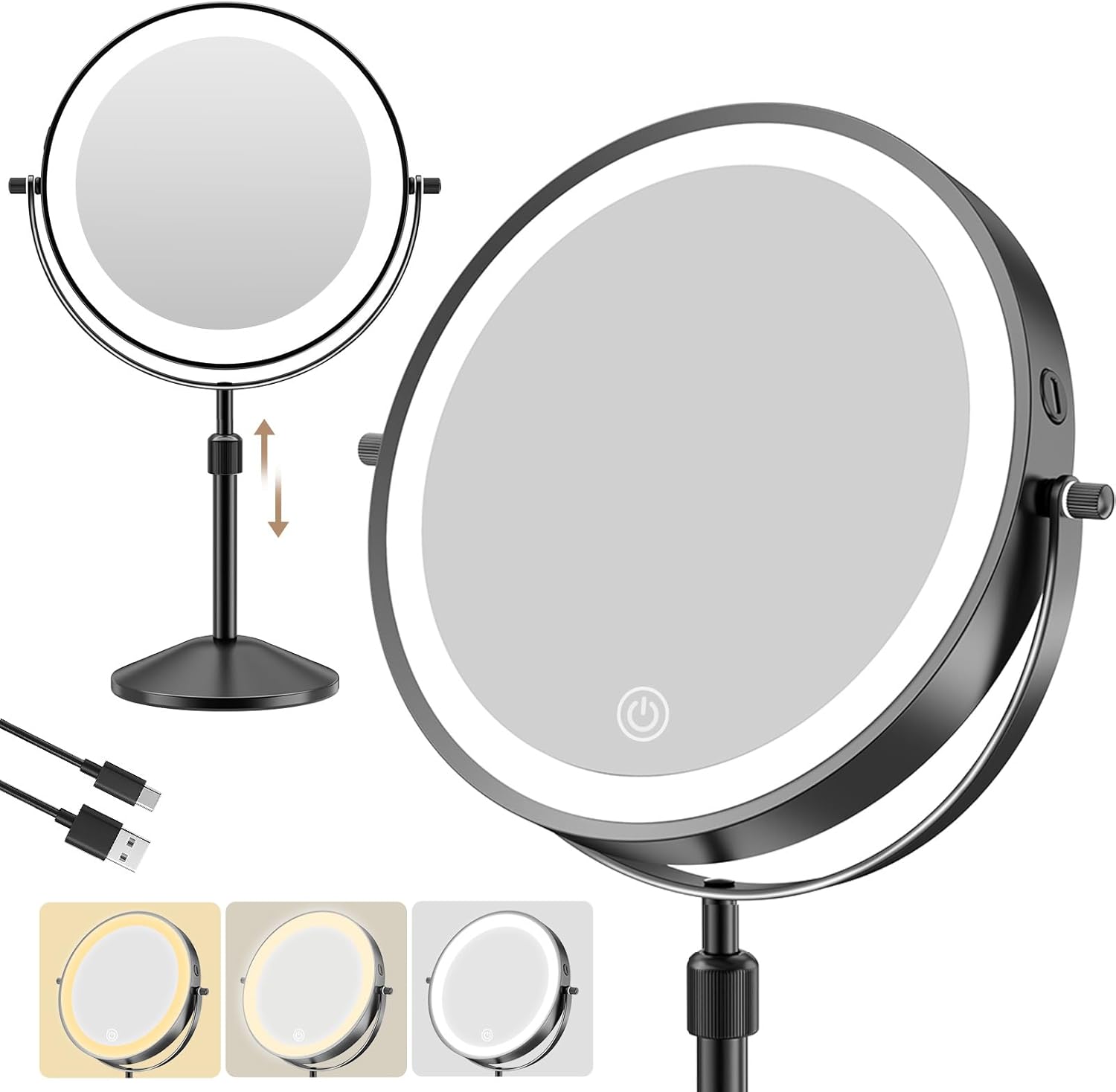 O'VANTAGE Professional 8.7” Lighted Makeup Mirror, 1X/10X Magnifying – Height Adjustable Rechargeable Double-Sided Vanity Mirror with 88 High-CRI LEDs, 3 Color Dimmable Lights, 360° Swivel