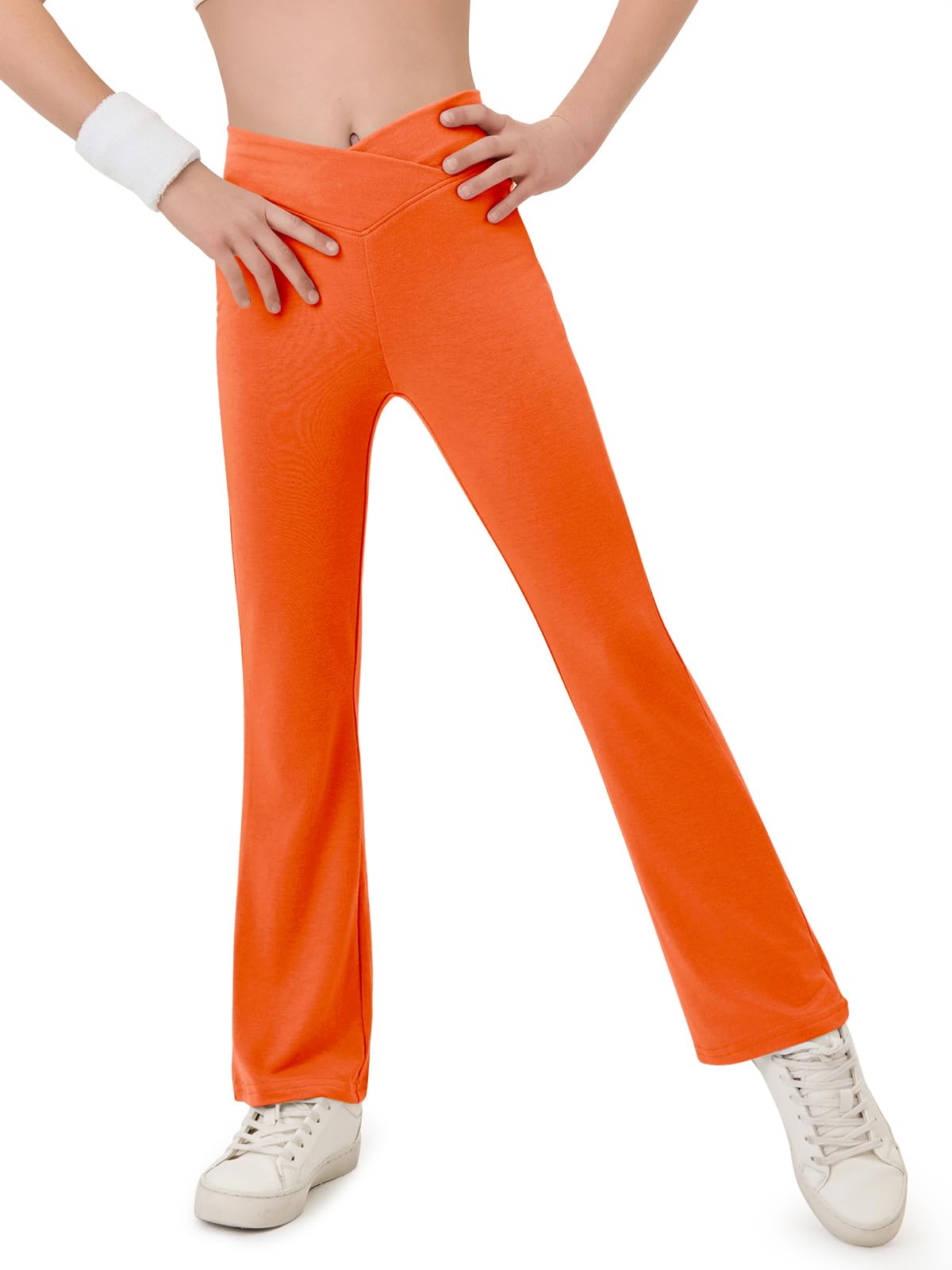 Haloumoning Girls Crossover High Waisted Flare Pants Kids Bootcut Leggings Full Length Bell Bottoms 5-14 Years Orange
