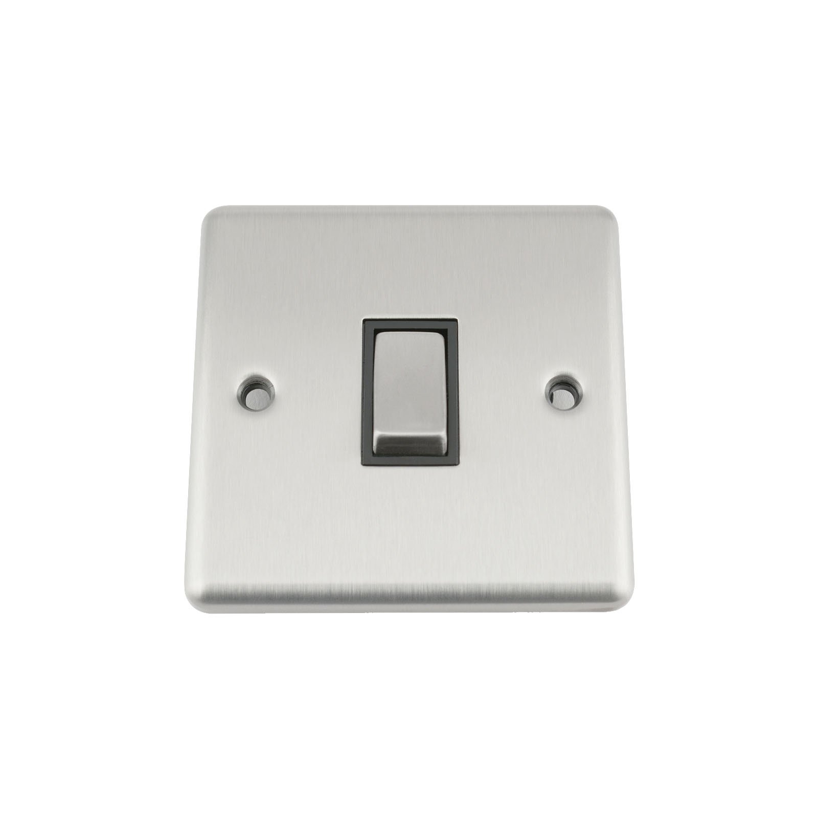 A5 Wall Light Switch Single 1 Gang Satin Brushed Chrome Classic - Black Insert - Metal Rocker Switches - 10A 1 Gang 2 Way