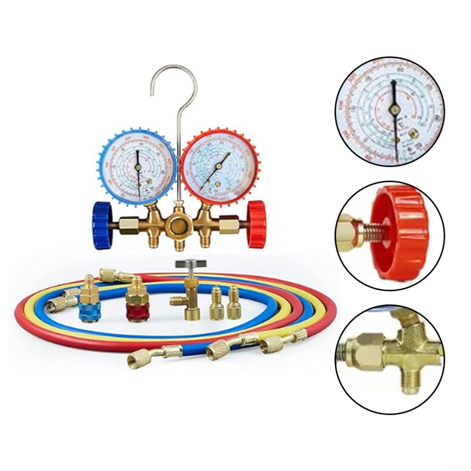 AC - Juego de manómetros de diagnóstico R32 R410A R22 para R134A Kit de herramientas de aire acondicionado profesional de 3 vías con mangueras