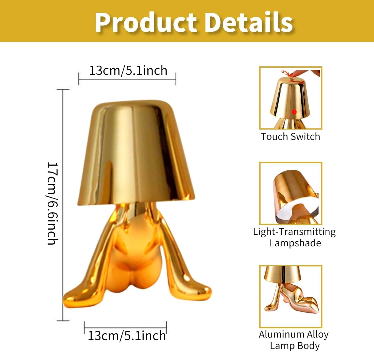 コードレステーブルランプ、Thinker Lampコレクション 電池式タッチ式キュートデスクランプ 充電式寝室ライト 3段階調光 リ