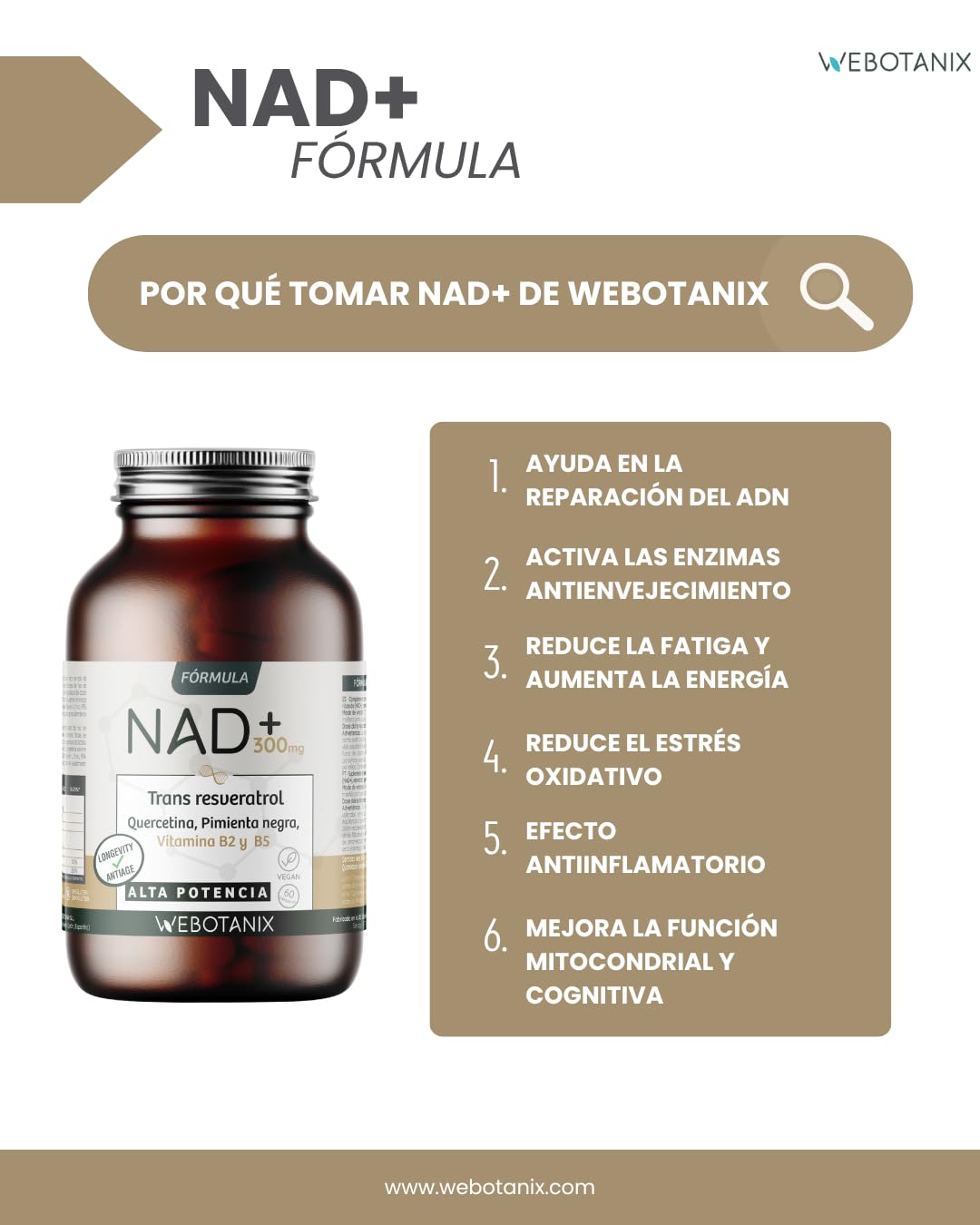 WeBotanix | Fórmula NAD+ con Trans-Resveratrol y Quercetina | 60 Cápsulas | Con Vitaminas B2 y B5 + Piperina | Energía Celular, Reparación y Longevidad | Sin Gluten | Vegano