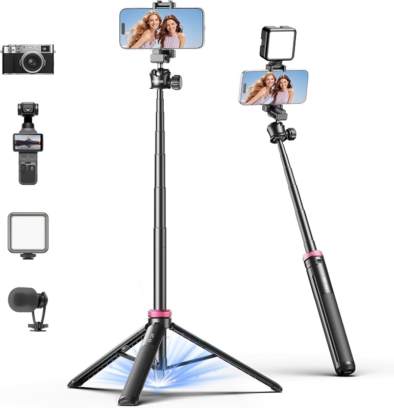 ULANZI MT44 Auto Open Phone Tripod, 59" Extendable Selfie Stick for iPhone | 360° Ball Head, 1s Pop Open , Cold Shoe, Selfie Stick Tripod w 1/4" Screw for Vlog Recording for iPhone 17 Luna Pocket 4