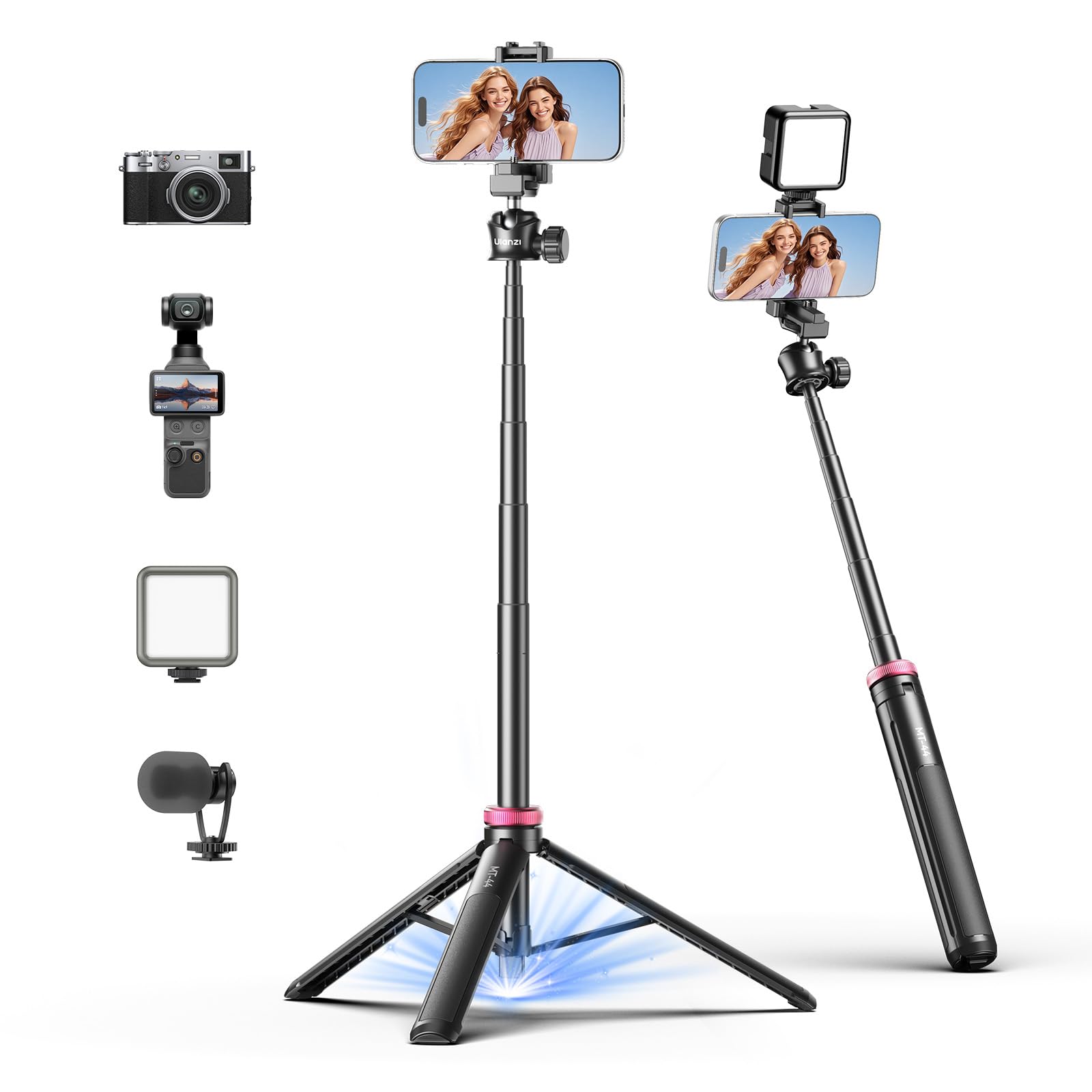 ULANZI MT44 Auto Open Phone Tripod, 59" Extendable Selfie Stick for iPhone | 360° Ball Head, 1s Pop Open , Cold Shoe, Selfie Stick Tripod w 1/4" Screw for Vlog Recording for iPhone 17 Luna Pocket 4-image-40