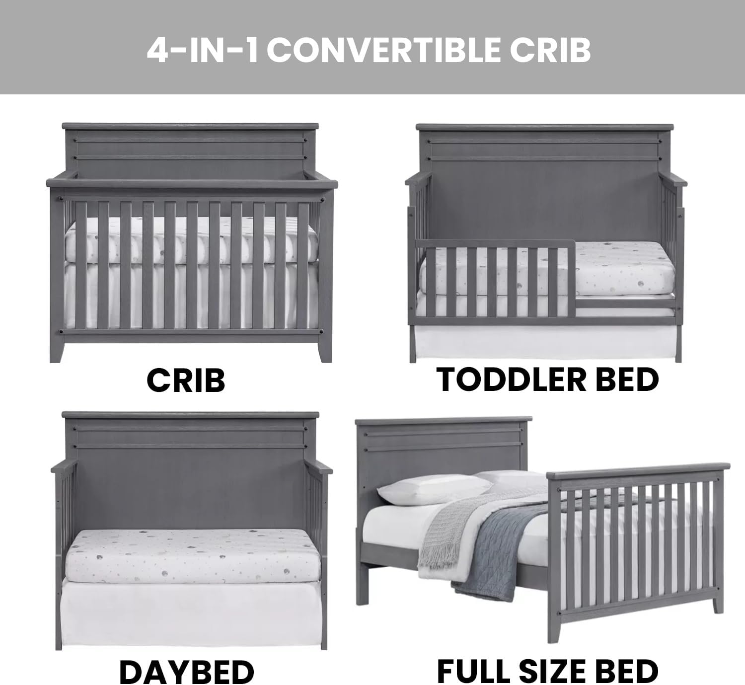 Soho Baby 49011570 Ellison Premium 4-in-1 Convertible Crib, Flat-Top Headboard, Wire Brush Ash Gray Finish, GreenGuard Gold Certified