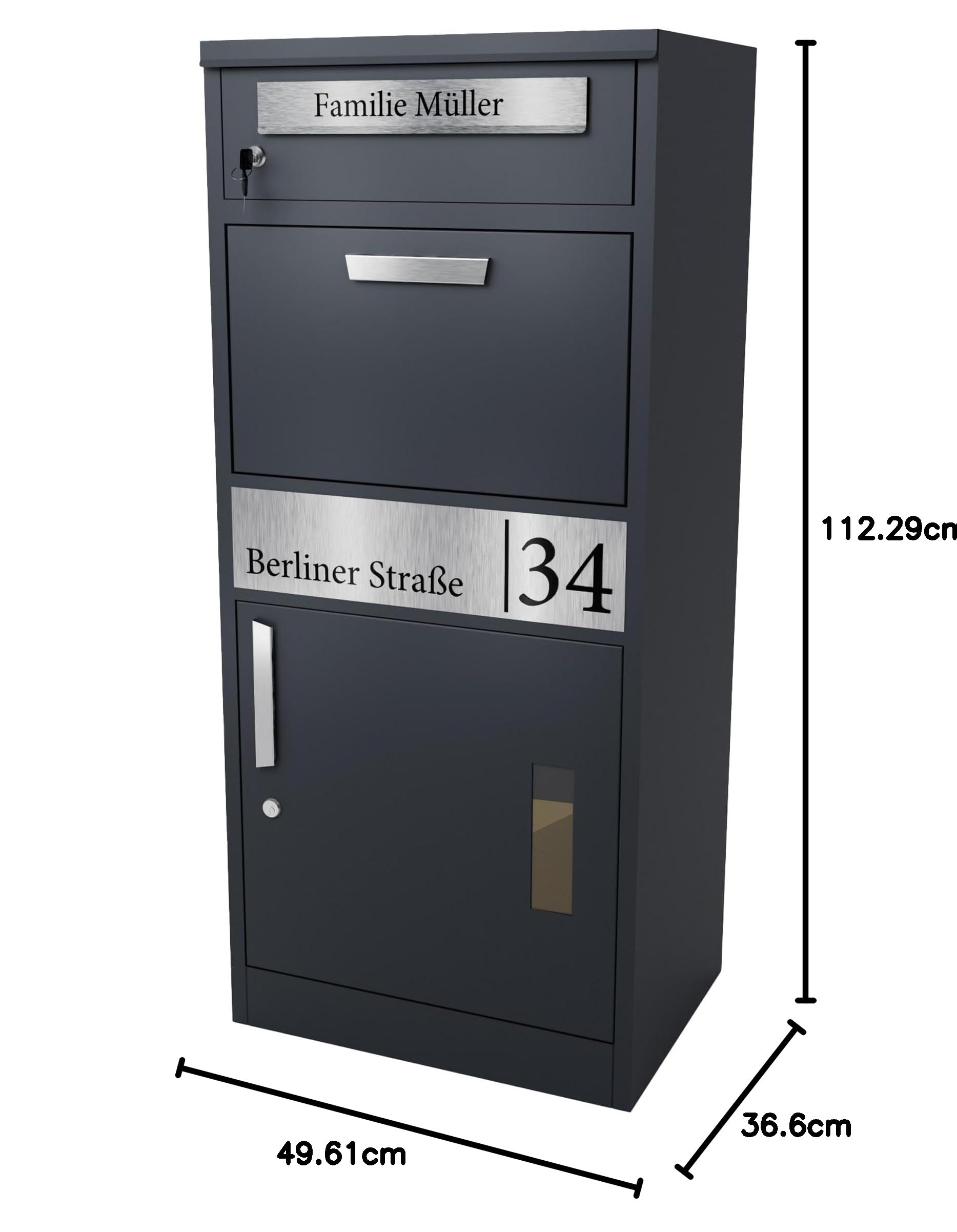Bl4ckPrint® Briefkasten mit Paketfach personalisiert | XXL Paketbox für draußen groß | Paketbriefkasten in Anthrazit Postkasten Witterungsbeständig Rostfrei | Standbriefkasten für Pakete Wetterfest