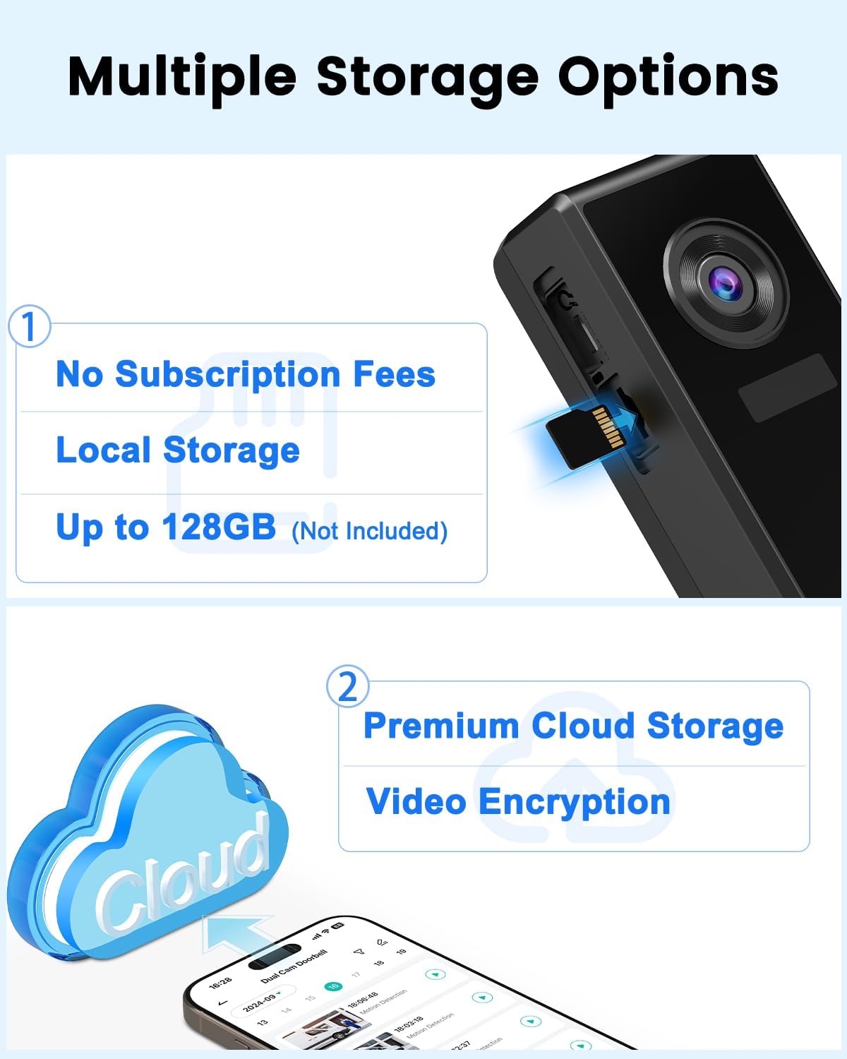 Bextgoo doorbell camera showing options for local storage with a MicroSD card and premium cloud storage.