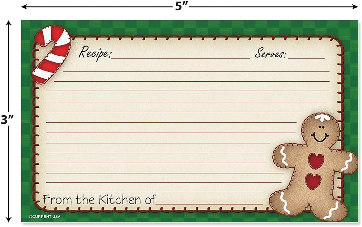 Current Gingerbread Man Recipe Cards - 3x5 Inches, Single Sided Blank Cardstock for Family Thanksgiving, Cookie, & Baking Recipes, Cute Bridal Shower, Christmas, & Holiday Gift, 50 Card Set