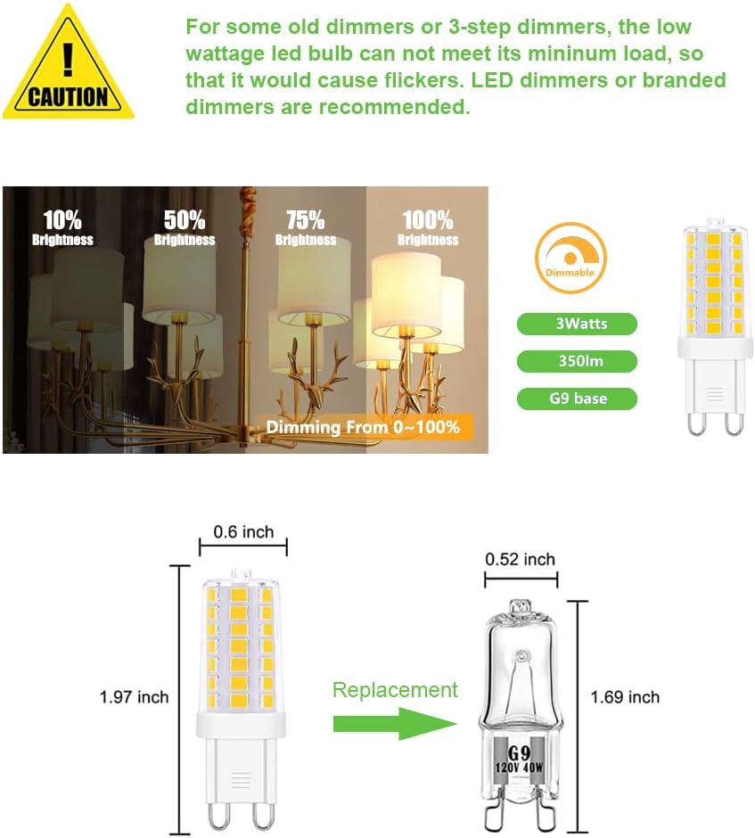 Dimmable G9 LED Light Bulbs 120V, 35W T4 G9 Halogen Equivalent, Warm White 2700K 3000K for Crystal Chandeliers Lights, Accent,Pedant Lights,Wall Sconces,Ceiling Lights 6-Pack