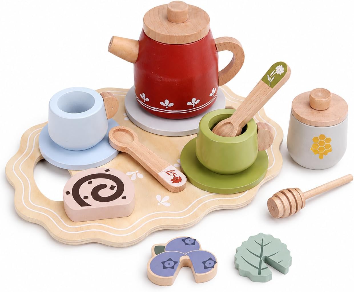 Wooden Red Tea Set Toys - Kids Pretend Play - Tea Party Set with Tea Cup Set and Play Kitchen Accessories - Montessori Toys - Cooking Set - Gift Set for Girls Boys