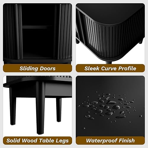 Miniatura 4 de Juego de 2 mesitas de noche estriadas con puertas correderas, moderna mesita de noche con patas de madera maciza, mesita de noche de madera para