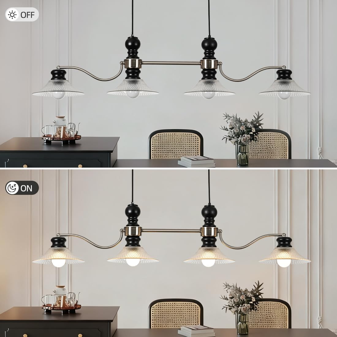 Modern Farmhouse 4-Light Linear Island Pendant Light, Black and Brushed Nickel Finish, Glass Cone Shades, Ideal for Restaurant, Kitchen Island,Café