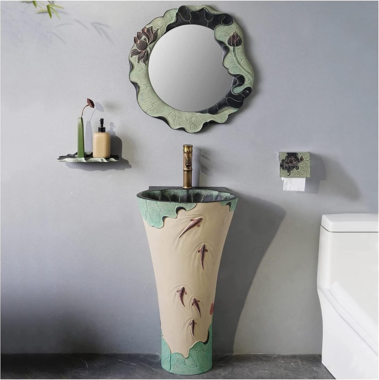 Freestanding Pedestal Sink Hotel Art Basin, Bathroom Vessel Handmade Lavatory with Faucet and Drain Installation Hole for Indoor Outdoor (Size : with Mirror(B (with Mirror(B STYL