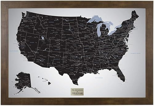 Push Pin Travel Maps Black Ice USA personalizado con alfileres y marco marrón rústico de 27.5 x 39.5 pulgadas, mapea tus viajes a EE. UU