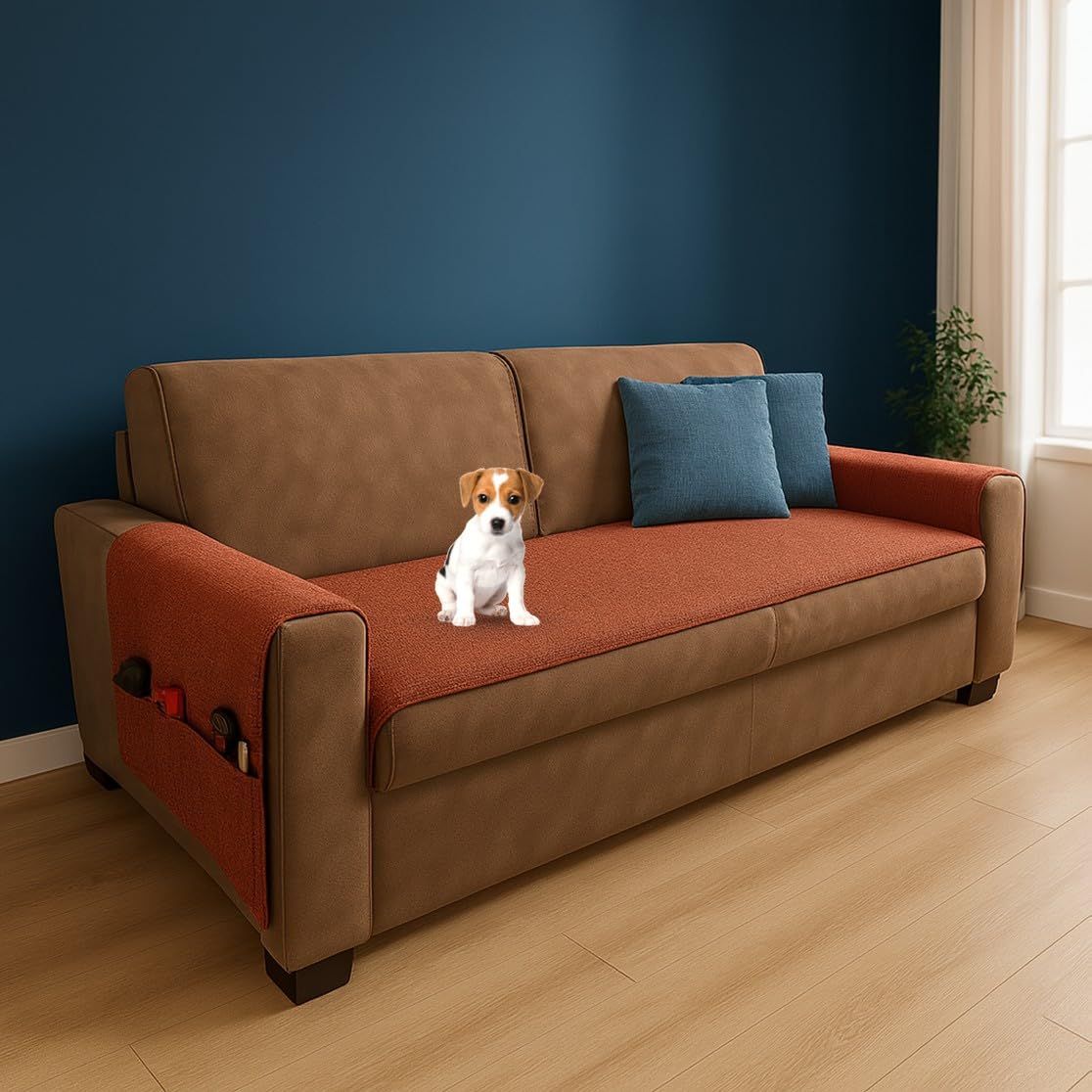 Farè – Runner Copriseduta Divano Impermeabile con Copribraccioli e Tasche Organizer - Copridivano Universale Antimacchia - Ideale per cani, gatti e bambini - Armor Mattone