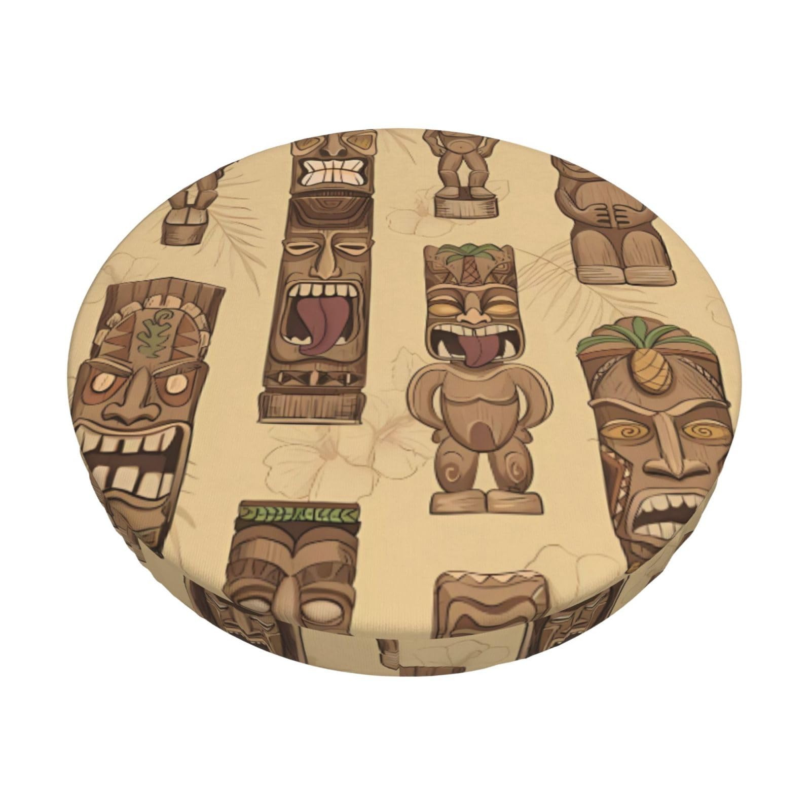 OrcoW Vintage Aloha Tiki Pattern Print Round Stool Covers Velvet Seat Cover Elastic Washable Stool Slipcover For Living Dining Room Office Salon Kitchen