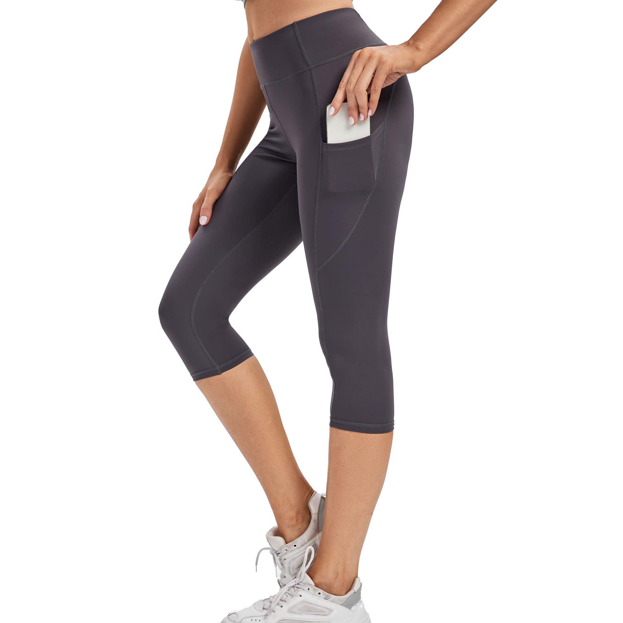 adorence Sport Leggings Damen 3/4 (Nacktes Gefühl, High Waist, Blickdicht) Capri Leggings Damen-dunkelgrau,3XL
