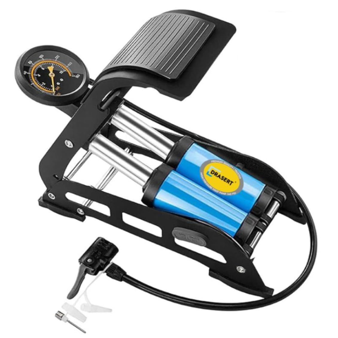 Drasert 160 PSI Double Barrel/Cylinder Car & Bike Double Foot Air Pump Inflator with Pressure Gauge for Car Tyres, Bicycle Tyres, Bike Tyres, Balls, Air Mattress Inflators(Black & Blue Cylinder)