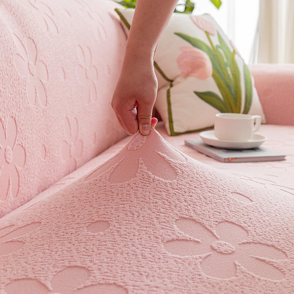 Sofabezug 1/2/3/4/5-Sitzer, Dicker rutschfest Sofa Überzug Sofaschoner - Elastischer Blume Jacquard Samt Sofa Bezug mit Armlehnen(Pink,2 Seater)