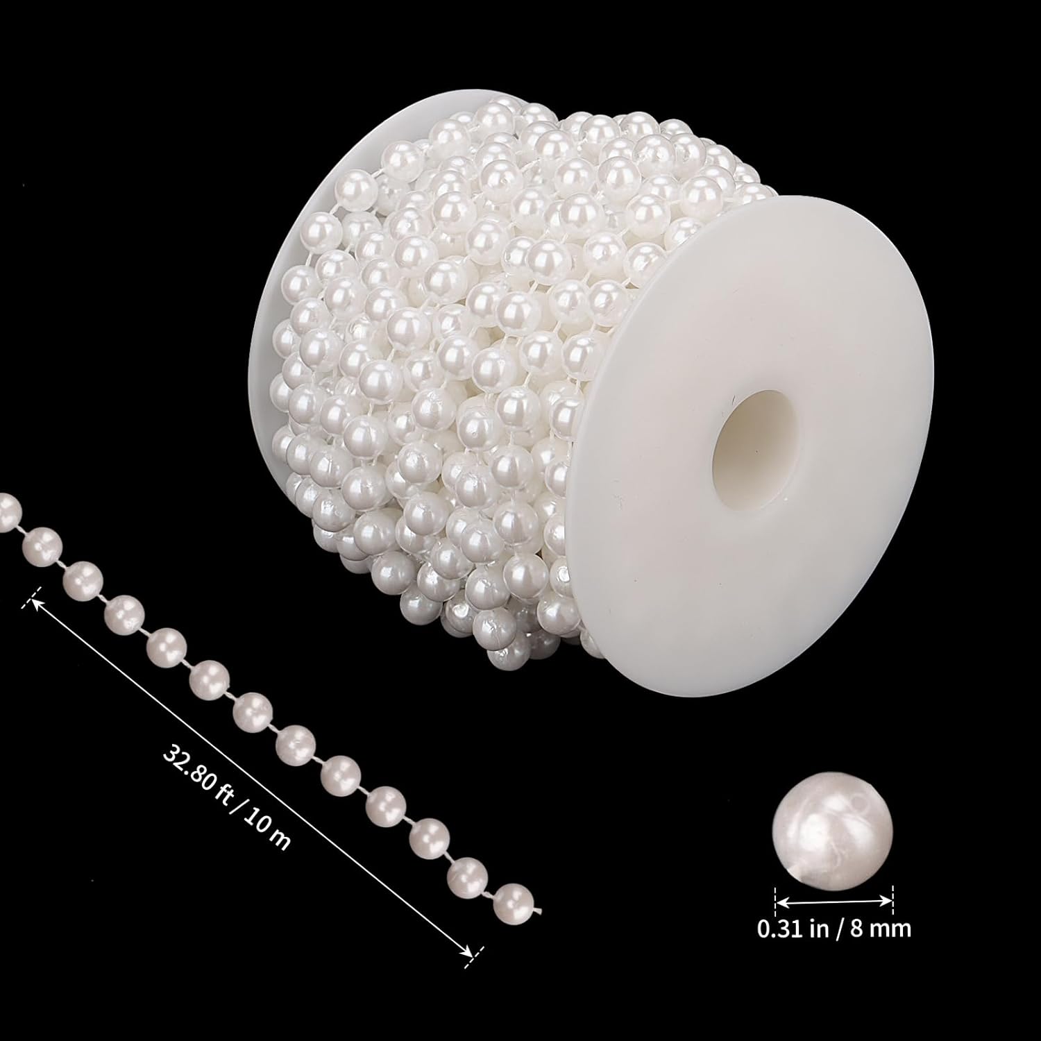 SHEUTSAN 2 Roll 8mm Pearls Beads Garland, 65 Feet Faux Pearls Beads, 22 Yard for Wedding Party Decoration (Pack of 2)
