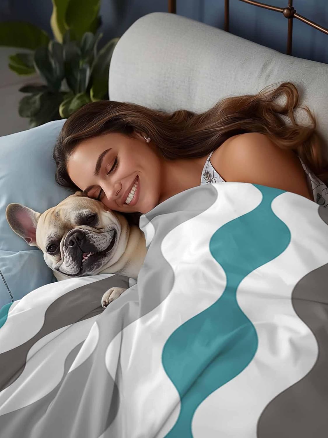 Flat Sheet Only Bedding Top Sheet Queen Mid Century Teal Stripes Soft Microfiber Breathable Bed Sheets, Grey Abstract Geometric Flat Sheets for Bedroom Sofa Men/Women