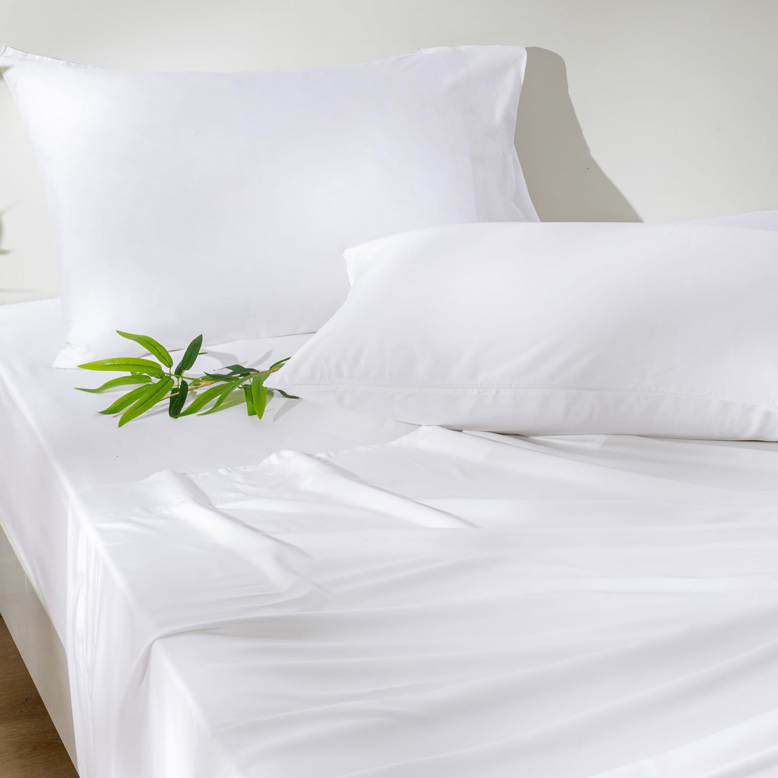 phf 4pcs 100% rayon derived from bamboo_ sheets set twin size, cooling sheets for hot sleepers, wider elastic band & 16" deep pocket, luxury silky soft breathable bedding set & pillowcase, white