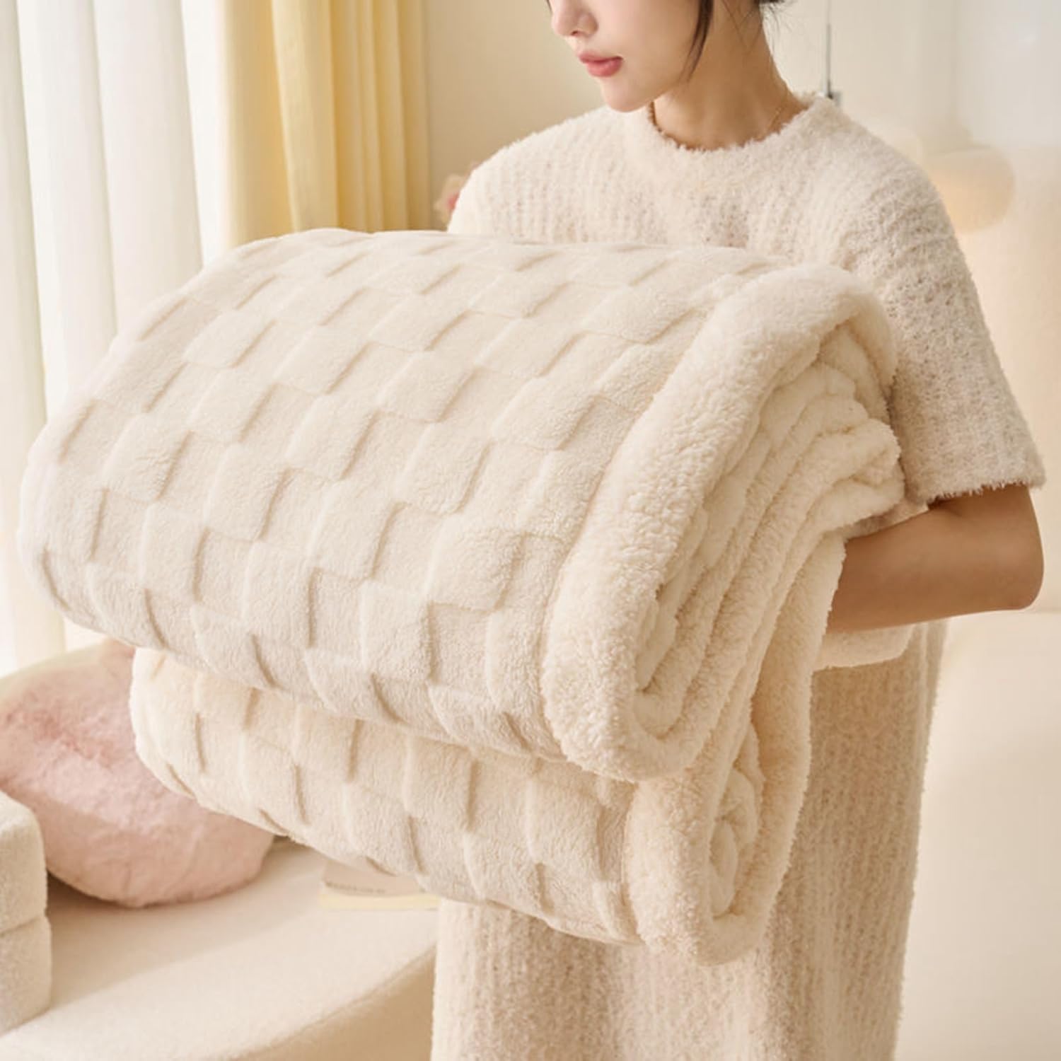 Gracelife Sherpa Blanket Throw Fleece Blanket Double, Soft Fluffy Fuzzy Warm Blanket Throws for Bed and Couch, Large Thick Blanket for All Season Use,Off White,200x230cm