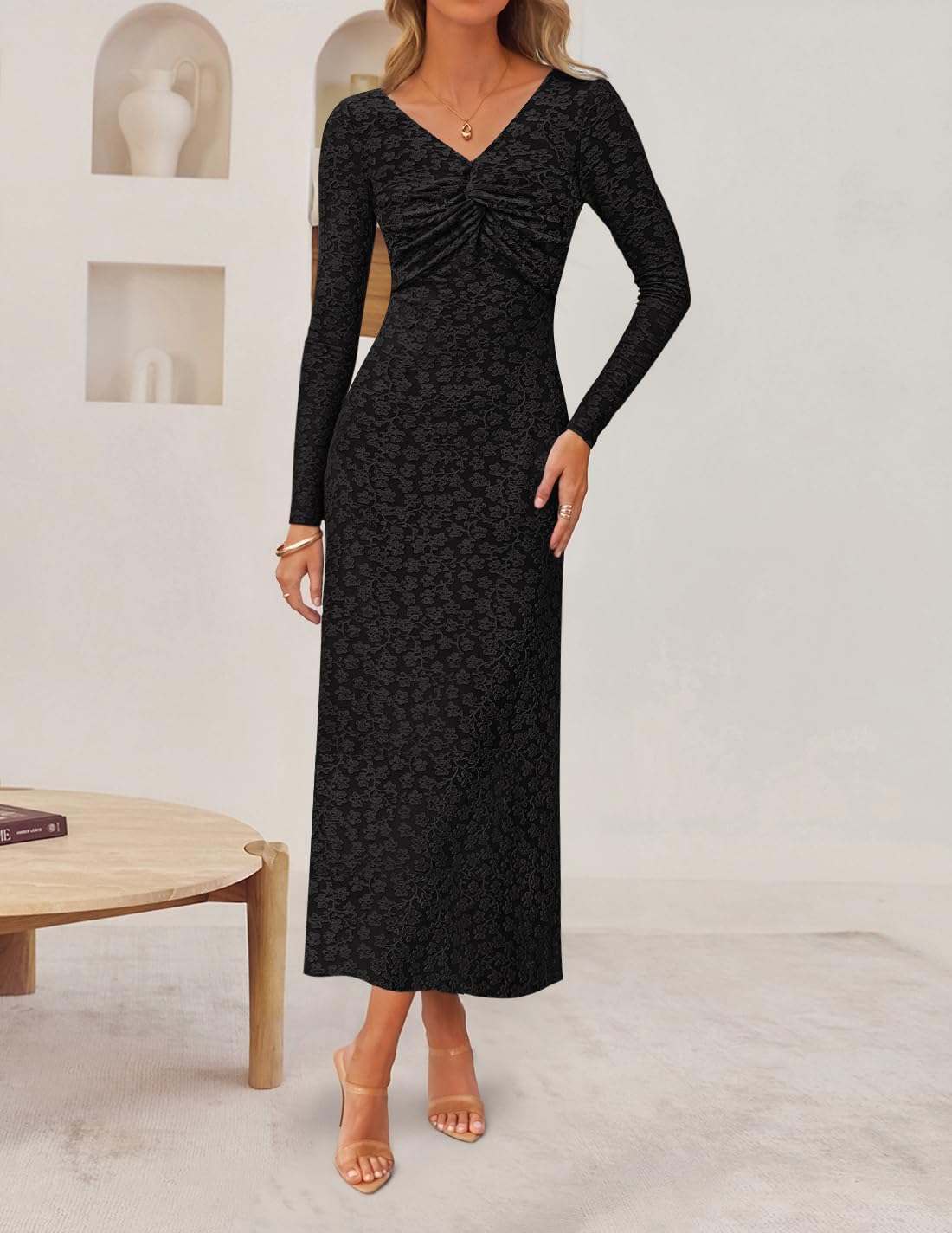 ZESICA Women's Fall Floral Long Sleeve Bodycon Dress 2026 Elegant V Neck Cocktail Party Long Midi Dresses - Image 2