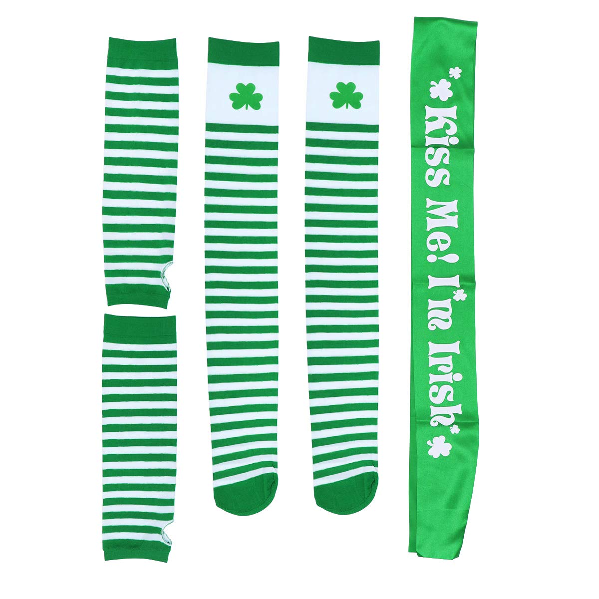 Amosfun St. Patrick's Day Costume Accessories Arm Warmers Fingerless Gloves Gloves Shamrock Stocking Kiss Me I'm Irish Sash Irish Day Party Favor, Green, 3pcs