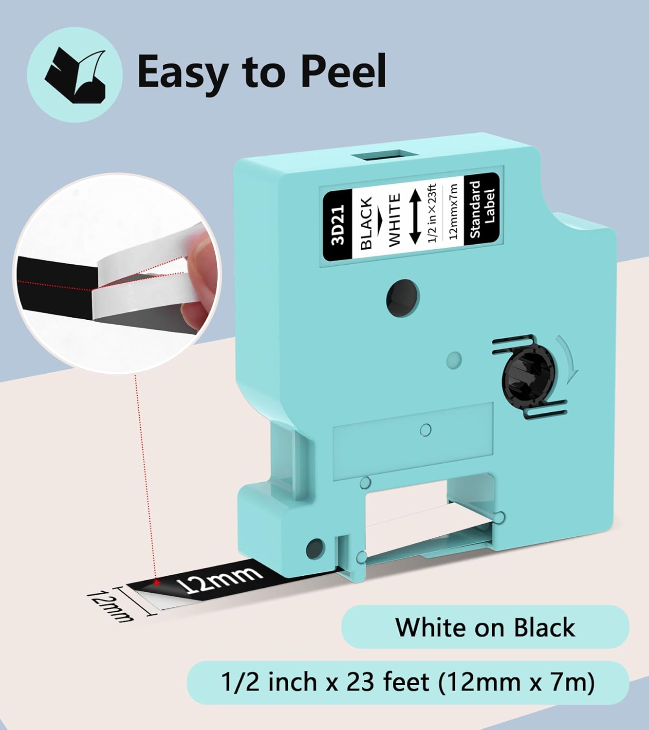 Close-up of a label tape showing the split-back design for easy peeling