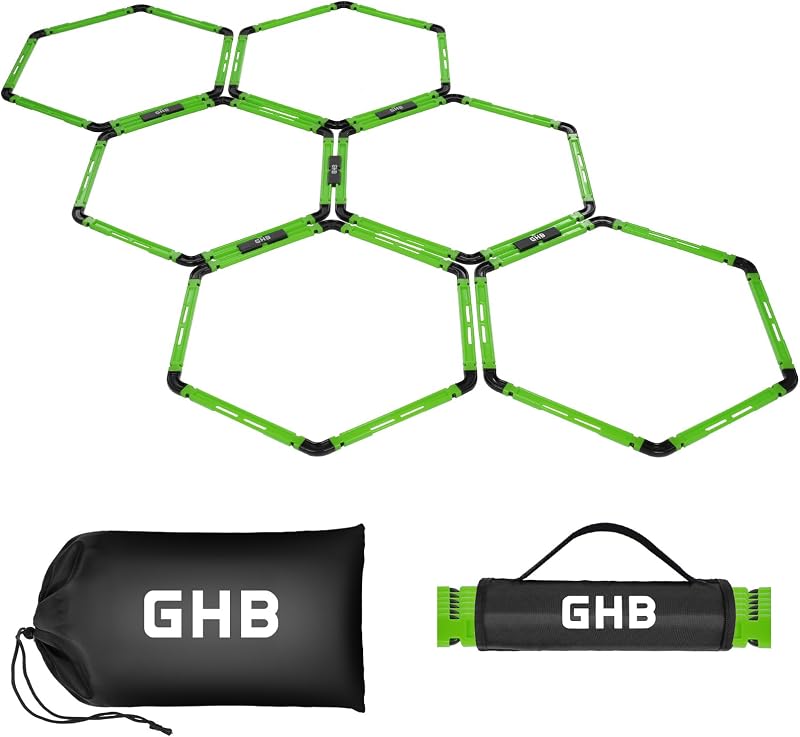 GHB Anillos de agilidad hexagonales Anillos de velocidad con bolsa de transporte 6 juegos de anillos hexagonales portátiles, escalera de agilidad para entrenamiento de pies de agilidad