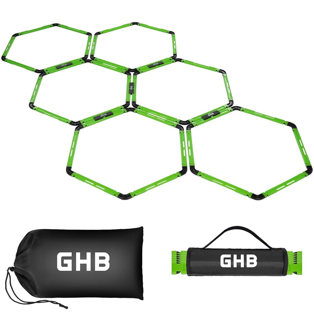 GHB Hex Agility Rings Speed Rings with Carrying Bag 6 Set Portable Hexagon Rings, Agility Ladder for Agility Footwork Training (Green)