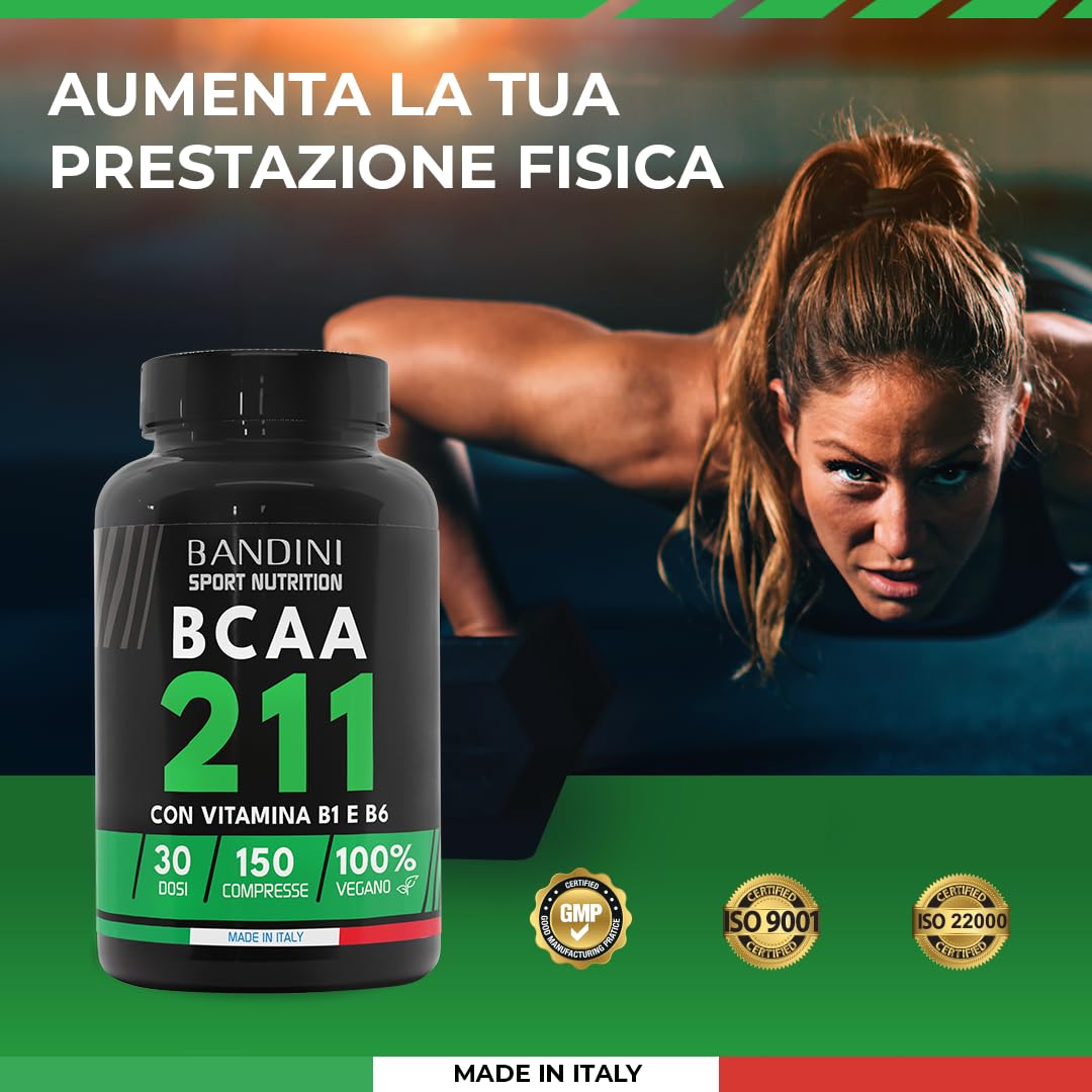Bandini® AMINOACIDI RAMIFICATI BCAA 2 1 1 | 150 Compresse Aminoacidi Ramificati Fermentati con Vitamina B1 e B6 | 2.1.1 con Leucina, Isoleucina, Valina | Intra Pre Post Workout - Per Palestra | Vegan