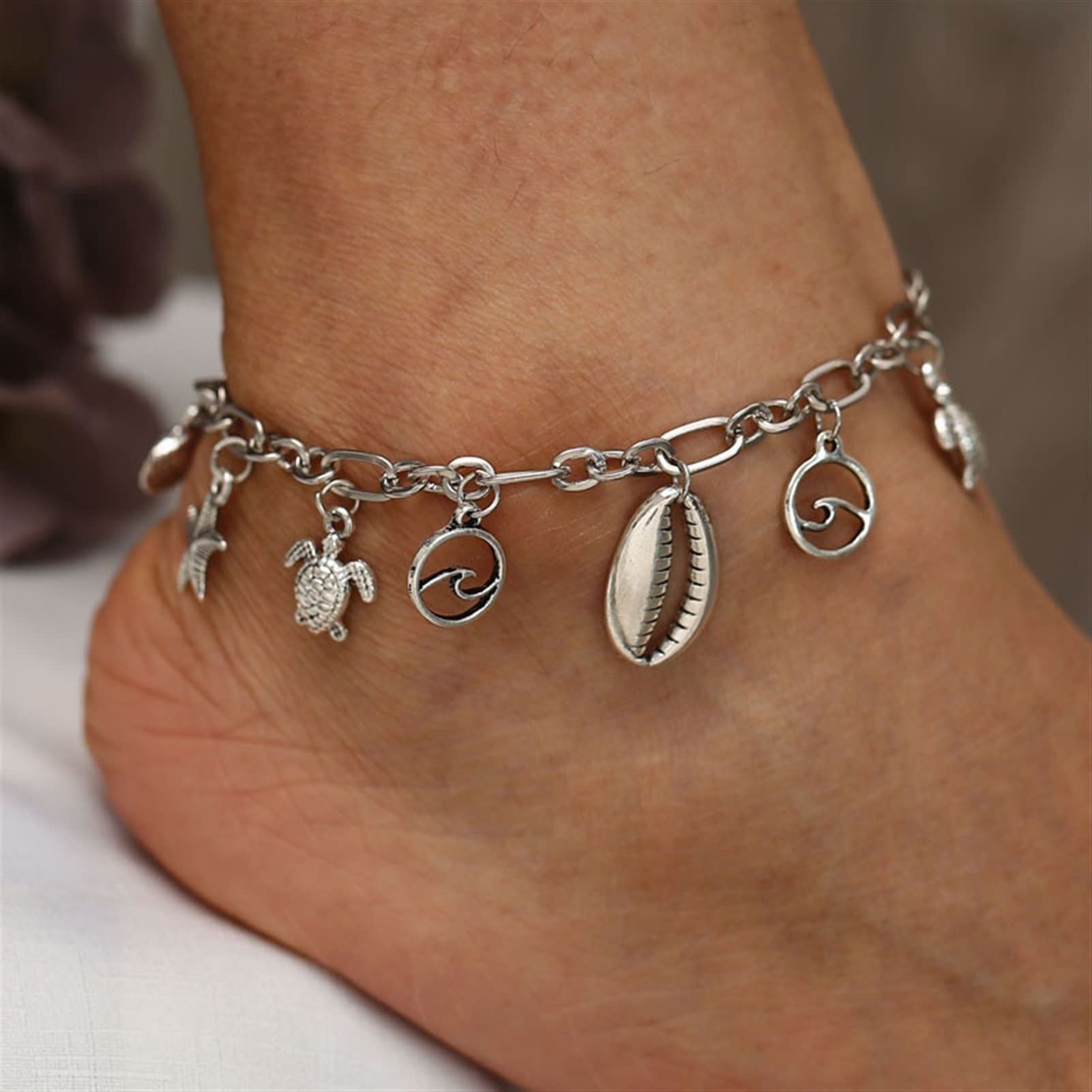 Fußkettchen für Damen, silberfarben, Strand-Design, Fußkettchen mit Muscheln und Schildkröten-Anhängern, Beinkette, Fußkettchen für Damen, Schmuck, Accessoires, Fußkettchen für Damen