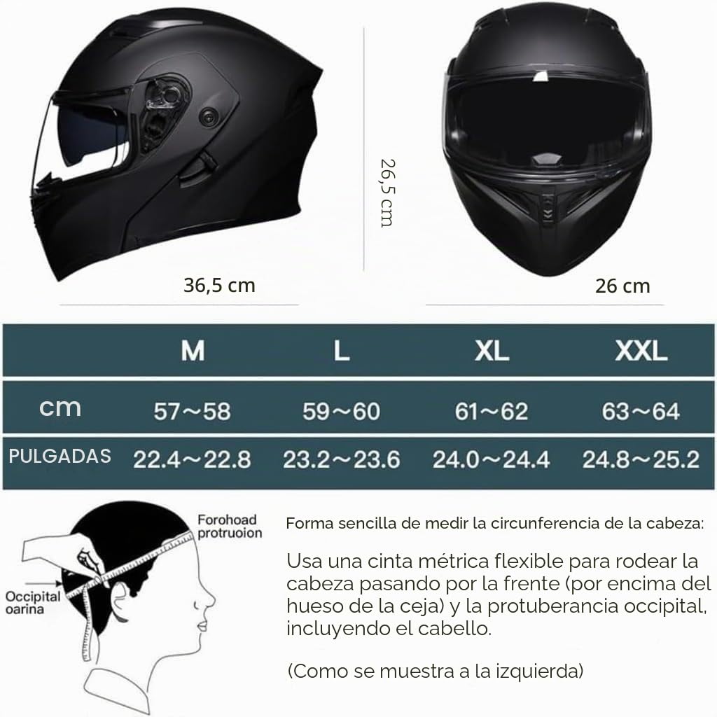 Casco Modular de Moto con Bluetooth e intercomunicador, homologado por la ECE y la Dot, con Apertura integrada y Doble Visera para Hombre y Mujer. H,L=59-60cm
