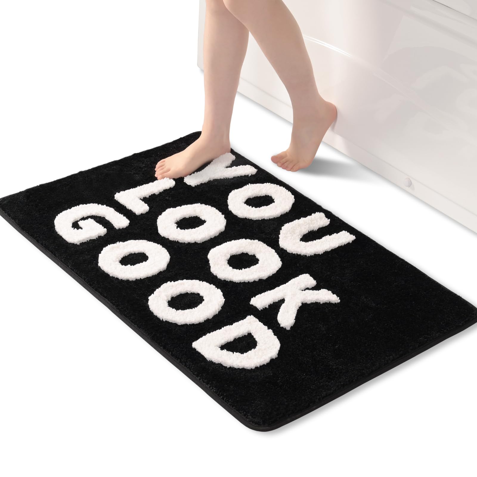 Tapis de bain noir et blanc lavable en microfibre douce 61 x 91 cm