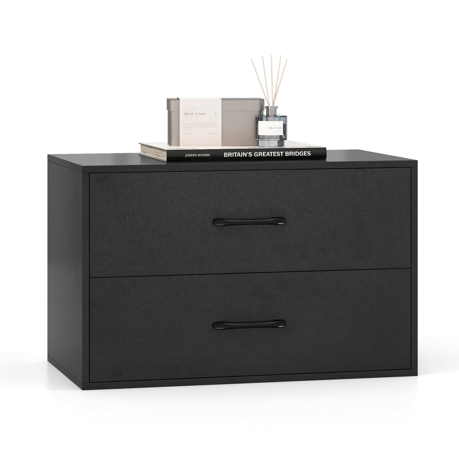 COSTWAY Wooden Chest of Drawers, Stackable 2-Drawer Dresser Storage Cabinet, Freestanding Bedside Chest Cupboard Organiser Unit for Bedroom, Living Room, Closet and Hallway, 60x34x38cm (Black) — image 1