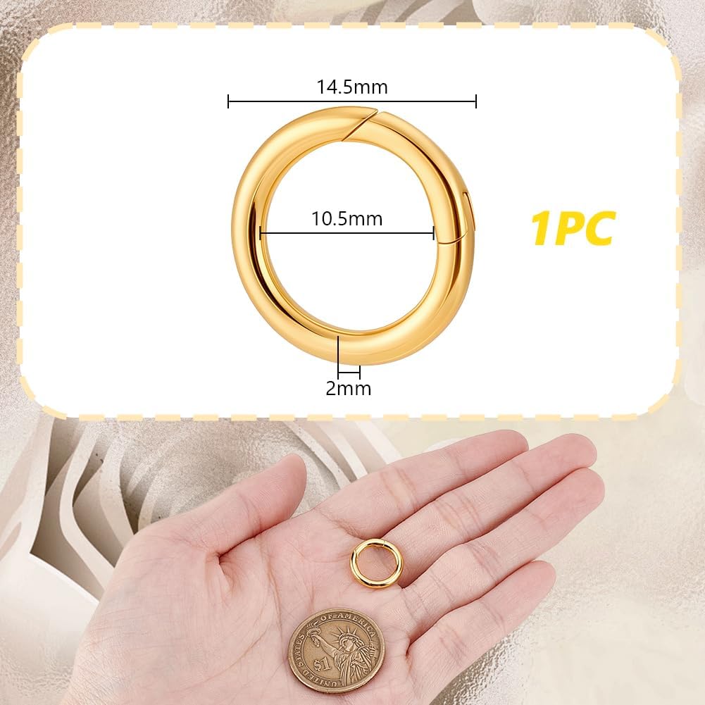AHANDMAKER 925 Sterling Silver Necklace Enhancer Clasp, 14.5mm Round Necklace Enhancer Shortener Jewelry Clasps Extension Connector Clasp Spring Gate Ring for Jewelry Making Bracelets, Golden