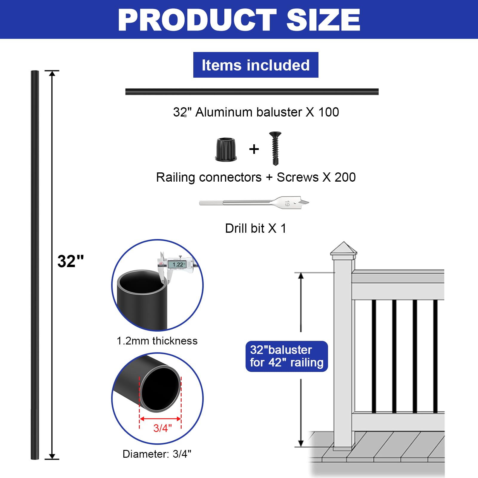 CKE 100 Pack 26" Round Aluminum Deck Balusters, 3/4" Diameter Hollow