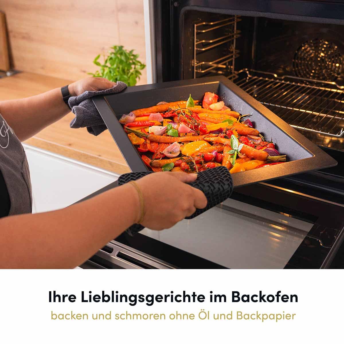Hoffmann Antihaft-Backplatte massive Ausführung, 4,5 cm Innenhöhe – fettfreies Kochen, bis 250 °C backofentauglich, Backblech passend für alle gängigen Hersteller/made in Germany (465x360 mm)