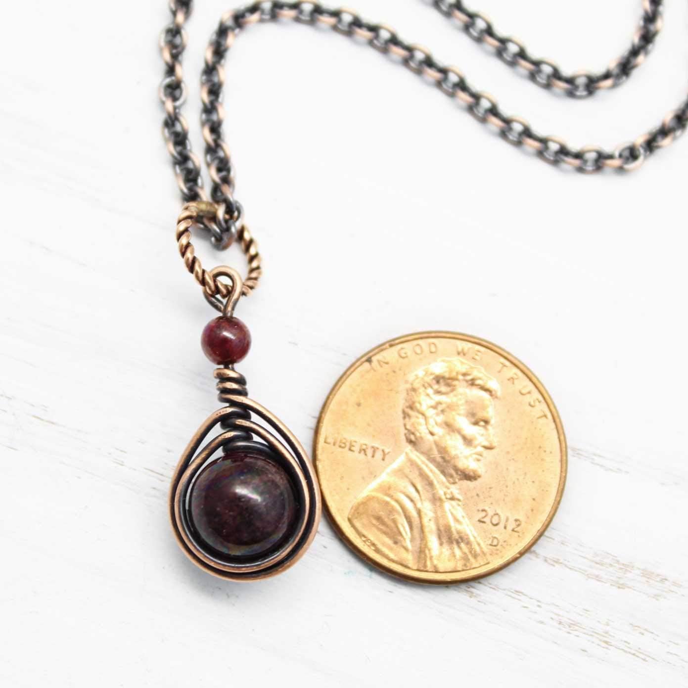 Pillar of Salt Studio Handcrafted Garnet Gemstone Small 1" Pendant Copper Wire Wrapped Necklace (18" Chain)