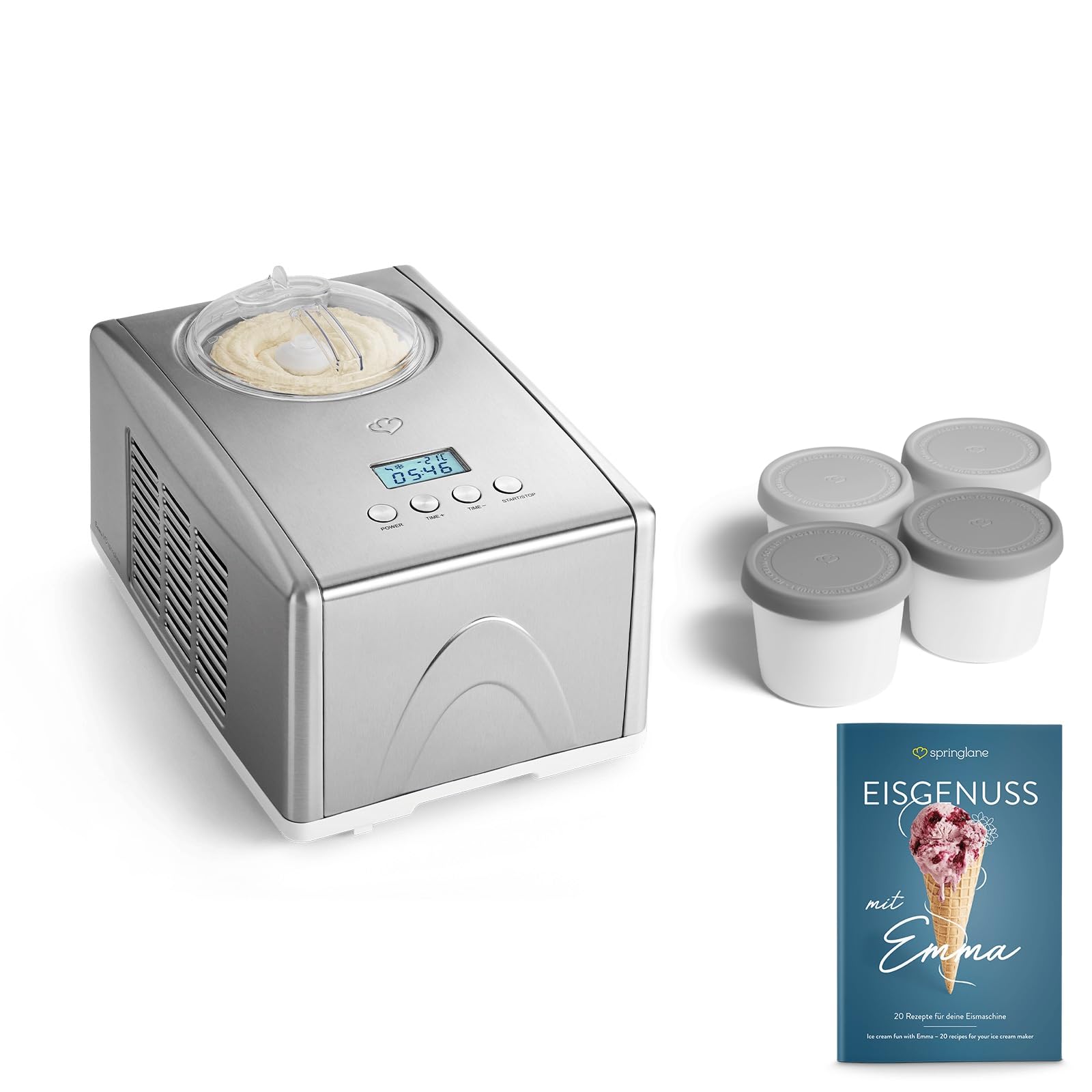 SPRINGLANE Eismaschine Emma 1,5 L mit selbstkühlendem Kompressor 150 W, aus Edelstahl mit entnehmbarem Eisbehälter, inkl. Rezeptheft (Silber, Emma Silber + 4 Eisbehälter Mini 400ml Grau)